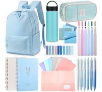 Cunno Juego de mochila de 28 piezas, estuche para lápices, cuaderno, bolígrafo, taza aislada, carpeta de archivos, notas adhesivas, bloc de notas esenciales, kit de papelería (azul)