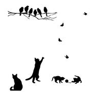 CUNYA 2 Sets Black Cute Wall Art Stickers, gatos jugando y pájaros en las ramas de los árboles DIY Wallpaper Murals Decoración del hogar para dormitorios, sala de estar, ventana