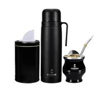 Cuopru Kit de yerba mate de acero inoxidable, calabaza, botella aislada de 33.8 onzas, contenedor, bombilla, cepillo de limpieza, juego de filtro de té, negro mate