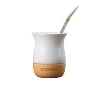 Cuopru Taza de cerámica Yerba Mate de 8 onzas con base de madera original, incluye calabaza mate, pajita de bombilla y cepillo de limpieza, perfecta para yerba mate tradicional y taza de estilo