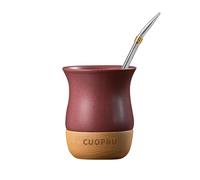 Cuopru Taza de cerámica Yerba Mate de 8 onzas con base de madera original, incluye calabaza mate, pajita de bombilla y cepillo de limpieza, perfecta para yerba mate tradicional y taza de estilo