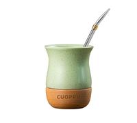 Cuopru Taza de cerámica Yerba Mate de 8 onzas con base de madera original, incluye calabaza mate, pajita de bombilla y cepillo de limpieza, perfecta para yerba mate tradicional y taza de estilo