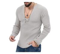 CUOREZ Suéter de otoño e invierno para hombre de punto de color ajustado camiseta de manga larga para hombre, gris medio, grande