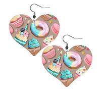 Cupcakes And Donuts3 Pendientes de cuero en forma de corazón Mujeres Niñas Pendientes colgantes simples Regalos para ella