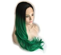 Cupidlovehair Peluca de encaje sintético largo natural rizado negro ombre color verde oscuro 66 cm