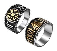 Cupimatch - Anillo para hombre vikingo de 2 piezas: alianza de acero inoxidable Vegvísir y símbolo Odin - Joya nórdica estilo moto regalo del día del padre, Acero inoxidable, Sin piedras preciosas