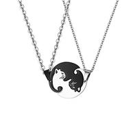 Cupimatch Collar Gato Rompecabezas Parejas: Colgante Puzzle Plata Negro Acero Inoxidable Hombre Mujer 2 Piezas - Regalos de Cumpleaños Joyas Navidad San Valentín Aniversario