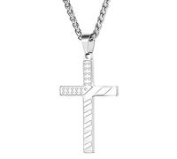 Cupimatch Collar Largo Cruzado Hombre: Collar Acero Inoxidable Collar Colgante Jesús Crucifixión Banda Plata Bautismal Bandera Americana - Regalo Pascua para El Día Del Padre Cristiano