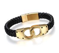 Cupimatch Cool Hombre Tono de Oro con diseño de Esposas de Acero Inoxidable Trenzado Pulsera de Cuero Cuff, 8.7 "