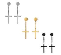 Cupimatch Pendientes Cruz Mujer Hombre: 3 Pares Acero Inoxidable Crucifijo Largos Piercing Aretes de Gota Cadena Colgante - Regalos de Cumpleaños Joyas Navidad Dia del Padre Día de la Madre