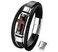 Cupimatch Pulsera con cruz de hombre de piel: pulsera trenzada con piedra ojo de tigre - Joyas góticas religiosas regalo bautizo día del padre con papel, Cuero, No Gemstone