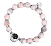Cupimatch Pulsera Corazón Cuentas Mujer: 8,7mm Luna Piedra Cebra Rosa Natural Corazón Colgante Brazalete Elástica con Tarjeta de Bendición - Regalos de Cumpleaños Joyas Navidad Día de la Madre