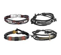 Cupimatch Pulsera Cuero Trenzadas Hombre: Brazalete Tejida Piel Marrón Negro con Colgante de Cruz Pluma Acero Inoxidable 4 Piezas - Regalos de Cumpleaños Joyas Navidad San Valentín Dia del Padre