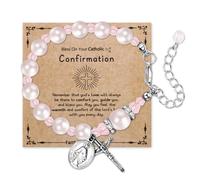 Cupimatch pulsera de rosario con cruz para mujer: pulsera religiosa con colgante de la Virgen María pulsera de perlas cristianas ajustable regalo de bautismo para mujeres y niñas, rosa