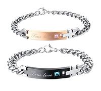 Cupimatch Pulsera Esclavas Hombre Mujer: 2 Piezas Brazalete Negro Oro Rosa Acero Inoxidable Pareja Grabado Placa Curva Cadena Ajustable - Regalos de Cumpleaños Joyas Navidad San Valentín Aniversario