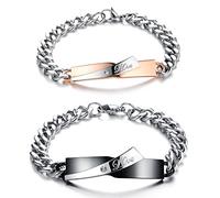 Cupimatch Pulsera Esclavas Hombre Mujer: 2 Piezas Brazalete Pareja Negro Oro Rosa Acero Inoxidable Circón Grabado Placa Curva Ajustable - Regalos de Cumpleaños Joyas Navidad San Valentín Aniversario