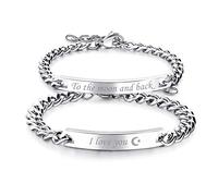 Cupimatch Pulsera Esclavas Hombre Mujer: 2 Piezas Brazalete Pareja Plata Acero Inoxidable Grabado Placa Curva Cadena Ajustable - Regalos de Cumpleaños Joyas Navidad San Valentín Aniversario