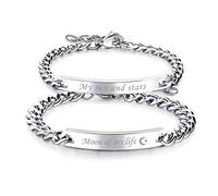 Cupimatch Pulsera Esclavas Hombre Mujer: 2 Piezas Brazalete Plata Acero Inoxidable Pareja Grabado Placa Curva Cadena Ajustable - Regalos de Cumpleaños Joyas Navidad San Valentín Aniversario