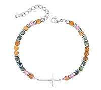 Cupimatch - Pulsera para mujer, amistad, cruz, pulsera de piedras naturales y acero inoxidable ajustable, joya cristiana para hermana, regalo bautismo, cumpleaños, Navidad, Promedio, Acero inoxidable