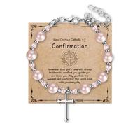 Cupimatch - Pulsera para mujer, perlas de fantasía, colgante de cruz y medalla de la Virgen María, fantasía ajustable cristiana con tarjeta de primera comunión - regalos de cumpleaños San Valentín