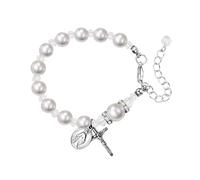 Cupimatch - Pulsera para mujer, perlas de fantasía, colgante de cruz y medalla de la Virgen María, fantasía ajustable cristiana con tarjeta de primera comunión - regalos de cumpleaños San Valentín
