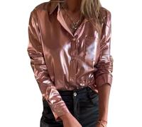 CupitiDU Camisas metálicas brillantes con botones para mujer, camisa elegante casual holgada de manga larga brillante, tops brillantes de moda, blusa de seda satinada para otoño y primavera (rosa,