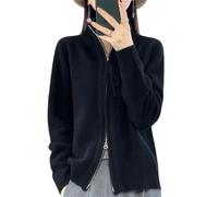 CupitiDU Suéter de cuello alto con cremallera completa para mujer, manga larga, punto acanalado, frente abierto, chaqueta gruesa y cálida, sudaderas ligeras con cremallera, Negro, L