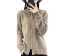 CupitiDU Suéter de cuello alto con cremallera completa para mujer, manga larga, punto acanalado, frente abierto, chaqueta gruesa y cálida, sudaderas ligeras con cremallera, marrón claro, L