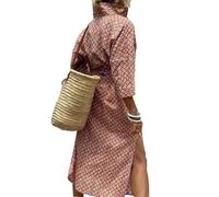 CupitiDU Vestido camisero clásico a rayas con cordones, camisa larga con botones y abertura en la solapa, vestido largo a rayas, casual, holgado, de verano, de manga larga, rosso, XL