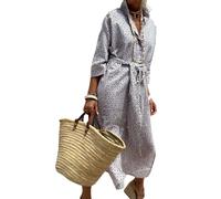 CupitiDU Vestido camisero clásico a rayas con cordones, camisa larga con botones y abertura en la solapa, vestido largo a rayas, casual, holgado, de verano, de manga larga, Rombo gris, L