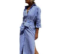 CupitiDU Vestido camisero clásico a rayas con cordones, camisa larga con botones y abertura en la solapa, vestido largo a rayas, casual, holgado, de verano, de manga larga, azul, L