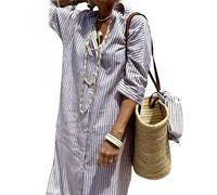 CupitiDU Vestido camisero clásico a rayas con cordones, camisa larga con solapa y botones, vestido largo a rayas, casual, holgado, de verano, manga larga, vestido largo de verano, Gris morado., L