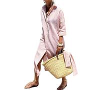 CupitiDU Vestido camisero clásico a rayas con cordones, vestido camisero largo a rayas con botones, solapa y abertura, casual, holgado, de verano, de manga larga, maxi (rosa, M)