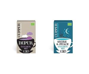 Cupper - Caja de 20 Bolistas de Infusiones Ecológicas Depur - Propiedades Depurativas y Diuréticas - Contiene Hibisco, Ortiga y Raíz de Regaliz + Cupper Infusión Ecológica Snore&Peace, 20 Bolsitas