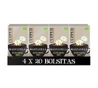Cupper - Pack de 4 Cajas de 20 Bolsitas de Infusiones Ecológicas de Manzanilla - Apto para Consumo Vegano - No Contiene Huevo ni Teína - Propiedades Refrescantes y Digestivas