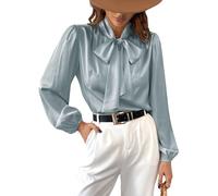 CUPSHE Blusa de mujer con cuello alto y lazo de mujer, manga larga, elegante, de satén, blusa con aberturas, blusas de oficina, blusa con cuello camisero, tops, verde menta, XS