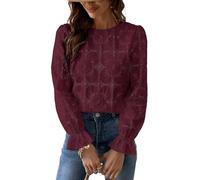 CUPSHE Blusa para mujer con flores, con recortes, cuello redondo, mangas largas, volantes, camisa elegante, camiseta informal, tops, granate, S