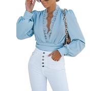 CUPSHE Body de encaje con cuello en V profundo y manga larga para mujer, con detalle de encaje, parte inferior con volantes, blusa de fiesta, tops, azul, L