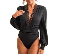 CUPSHE Body para mujer con cuello en V profundo ribete de encaje de manga larga con fruncido Bodies Casual de manga larga mono blusa, Negro , XS