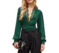 CUPSHE Bodysuit para mujer con escote en V profundo y encaje, manga larga, arrugas, bodies, camiseta de manga larga casual, blusa body, top, verde, M