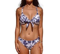 CUPSHE Conjunto de bikini de dos piezas para mujer, estampado floral, nudo y corbata de conejo, Blanco/azul (White/Navy Floral), XL
