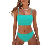 CUPSHE Conjunto de bikini de dos piezas para mujer, parte superior bandeau, cuello cuadrado, tiro medio, fruncido, tirantes delgados