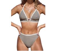 CUPSHE Conjunto de bikini de dos piezas para mujer, traje de baño de cintura alta, cuello en V, corte de pierna alta, traje de baño de bloque de color, Vichy marrón/beige, M