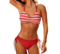 CUPSHE Conjunto de bikini para mujer con tirantes trenzados en la parte trasera Bañador a rayas Braguita reversible Traje de baño de dos piezas, rojo coral, XS