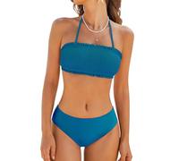 CUPSHE Conjunto de bikini para mujer de dos piezas, traje de baño con top tipo bandeau, atadura trasera, parte inferior de cintura media con tiras de hombro extraíbles, Sapphire Blue, Large
