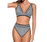CUPSHE Conjunto de bikini para mujer, traje de baño de dos piezas, cintura alta, cuello en V, traje de baño con gancho en la espalda, parte inferior con textura, pata de gallo negra y blanca, L