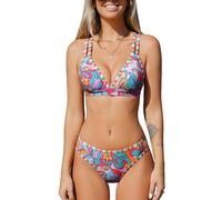 CUPSHE Conjunto de bikini para mujer, traje de baño de dos piezas con tirantes, tiro medio, cuello en V, recortado, tirantes dobles ajustables, Candy Floral, XL