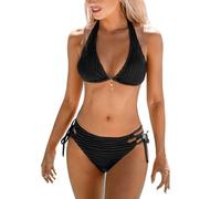CUPSHE Conjunto de bikini para mujer, traje de baño de dos piezas, cuello profundo, parte inferior descarada, tiro bajo, tirantes y lazo lateral