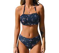CUPSHE Conjunto de bikini para mujer, traje de baño de dos piezas, parte superior bandeau, lazo en la espalda, cintura media, parte inferior con correas de hombro extraíbles, floral azul marino, XS