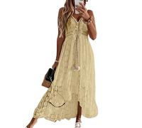 CUPSHE Damen Sommerkleid V Ausschnitt Floral Spitze Quasten Spaghetti Trägerkleid Freizeitkleider Hi-Low Party Boho Beach Maxi Dress Gelb S